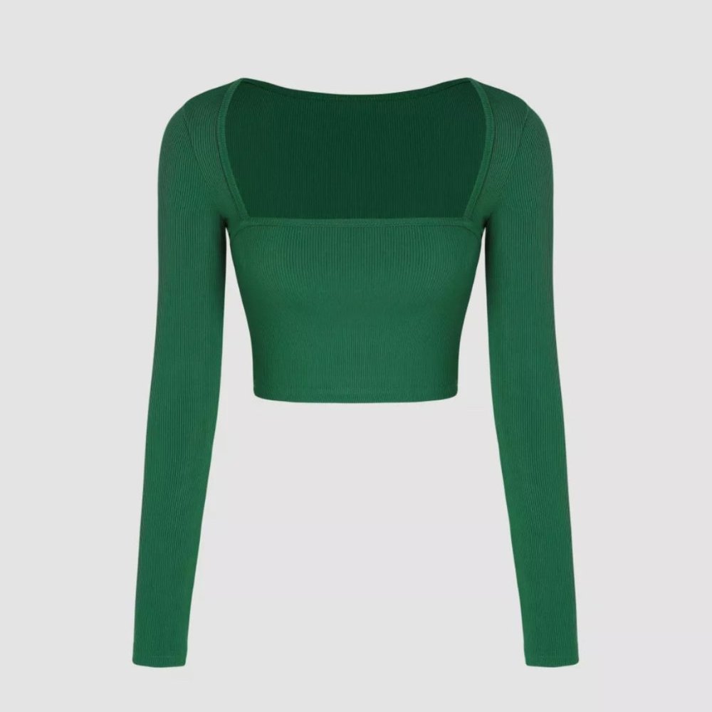 Cider Green Knit Square Neck Long Sleeved Top